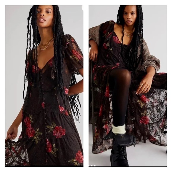 NWT FREE PEOPLE Brown Red Floral Lace Button Front Flutter Sleeve Maxi Dress XS - Picture 2 of 14